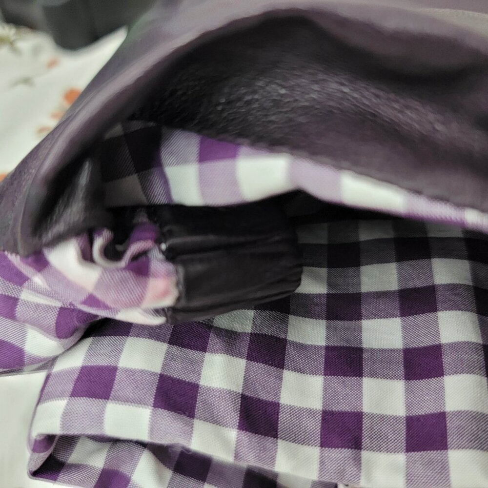 Vintage Yves Saint Laurent Purple Gingham Plaiand Leather Tie Shoulder Blouse XS - Picture 11 of 11